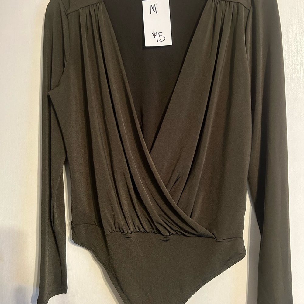 Express Olive Green Long Sleeve Wrap Bodysuit